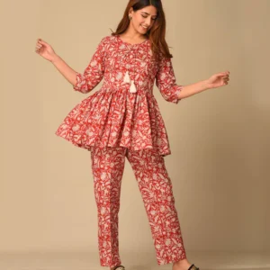 Floral Printed Cotton Red top with Pant Palazzo